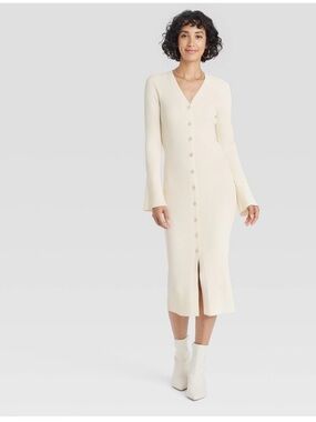 Button-Front Rib Knit Midi Dress in Cream by A New Day With Tags